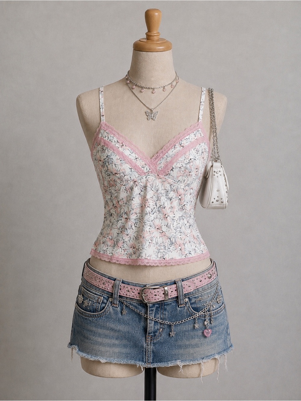 Marylin Monroe Floral Lace-Trim Pink V-Neck Chemise